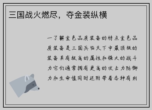三国战火燃尽，夺金装纵横